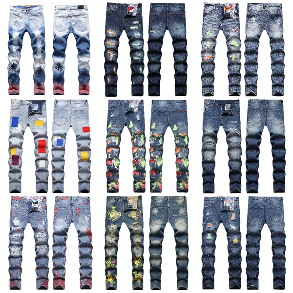 

luxurys designers jeans distressed france fashion pierre straight men's biker hole stretch denim casual jean men skinny pants elasticit, Blue