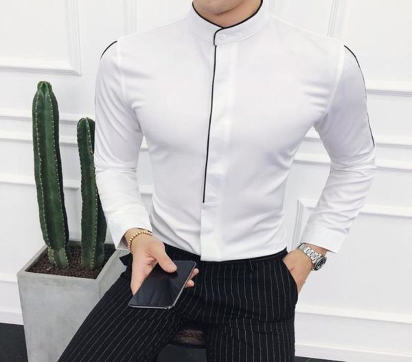 

contrast piping stand collar shirt long sleeve solid designer madarin collar slim fit camisa social masculina camicie uomo5131519, White;black