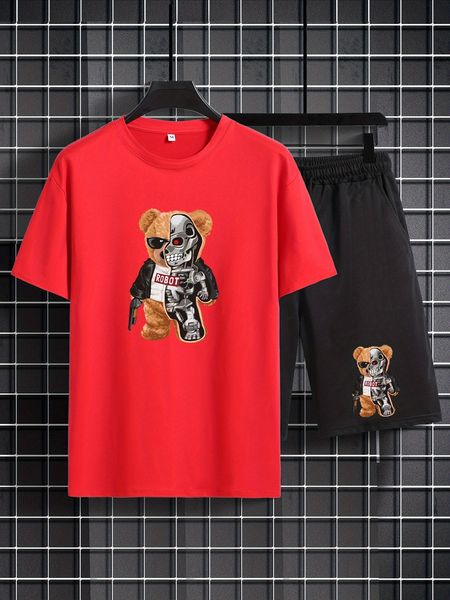

men's tracksuits mechanical bear twopiece outfits comfy casual tshirt and loose shorts for summer 230724, Gray