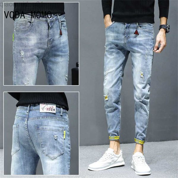 

men's jeans fashion street style ripped skinny jeans men vintage wash solid denim trouser mens casual slim fit pencil denim pants l2307, Blue