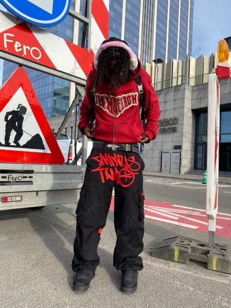 

mens pants y2k retro street trend cargo pant fashion minus two black harajuku hip hop print loose overalls joggers men 230724