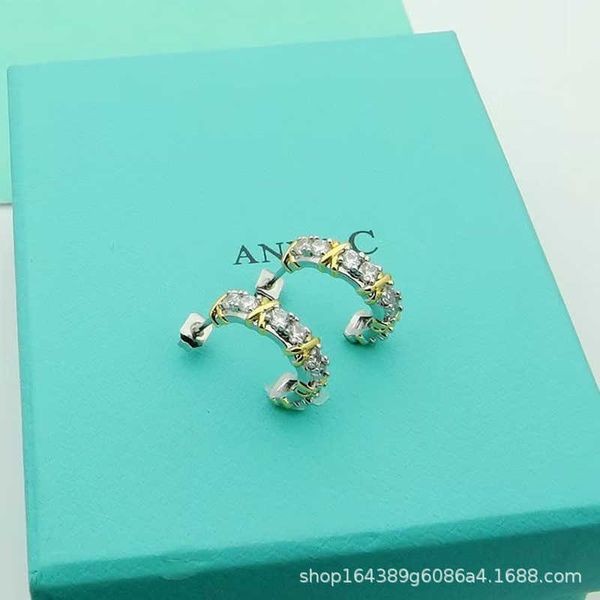 

designer c-type small and exquisite gold silver color matching zircon full diamond cross circled earrings tiffay's unique design sense, Golden