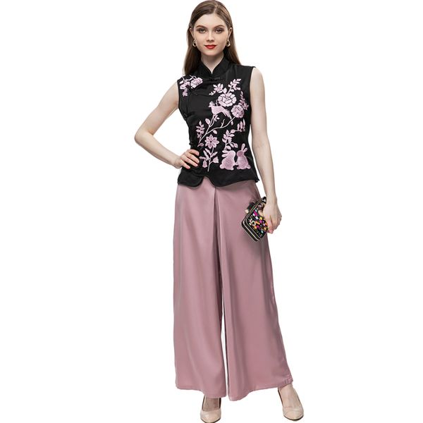 

women's two piece pants sets mandarin collar embroidery vest with wide leg pant high street twinset sets, White