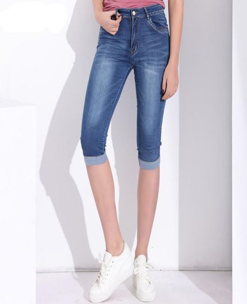 

fashion plus size skinny capris jeans woman female stretch knee length vintage denim shorts jeans pants women with high waist summ5521060, Blue