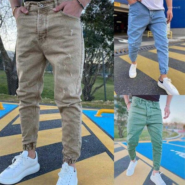 

men's jeans autumn slim fit pure color casual elastic waist beam foot trousers streetwear jogger denim pants male l230724, Blue
