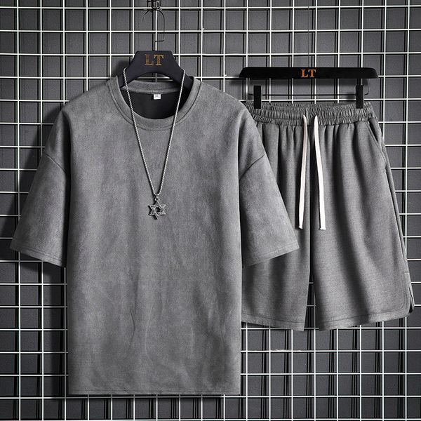 

men s tracksuits suede fabric summer set 2023 short sleeve suit male fashion streetwear sports casual two piece 230724, Gray
