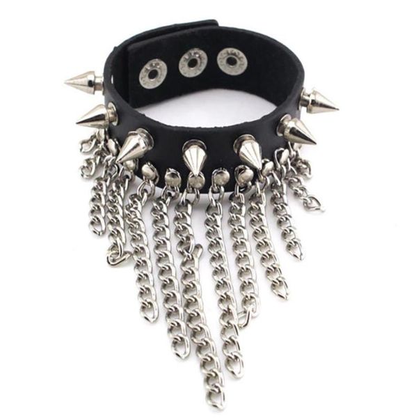 

female039s nonmainstream trendy punk leather weaving bracelets color black psl140 long short tassel dangle chain snap butto2257979, Golden;silver