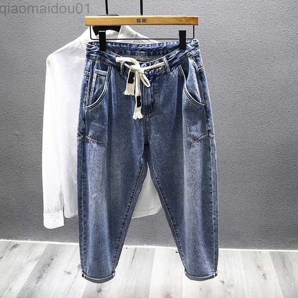 

men's jeans 2023 spring autumn new drawstring jeans men's korean fashion slim tapered draped harem pants male street denim pants l, Blue