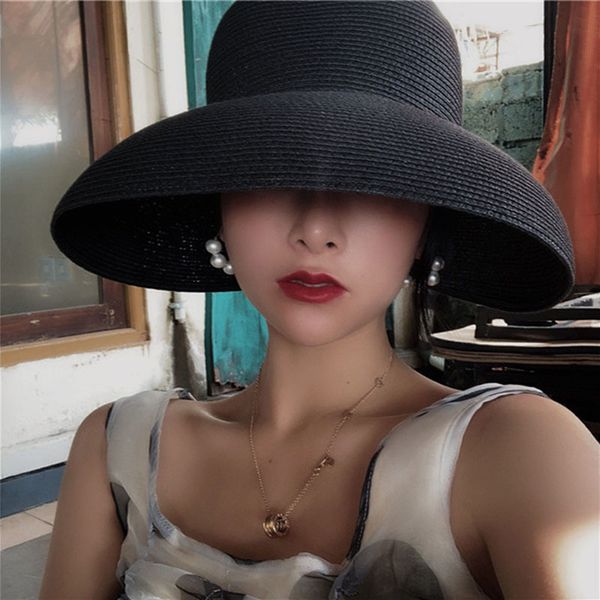 

wide brim hats bucket hats female summer women's hat hepburn style vintage design wide side straw hat solid color beach holiday beach h, Blue;gray