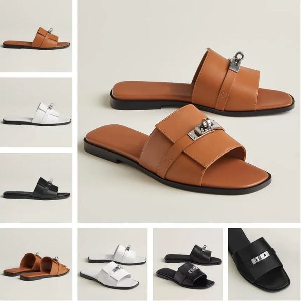 

luxury giulia women sandals shoes palladium-plated kelly buckle slippers calfskin leather brown black white lady slip on beach slide flats