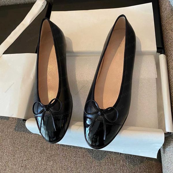 

designer casual shoesballet flats classic shoes women basic leather tweed cloth two color spliced bow round toe casual, Black