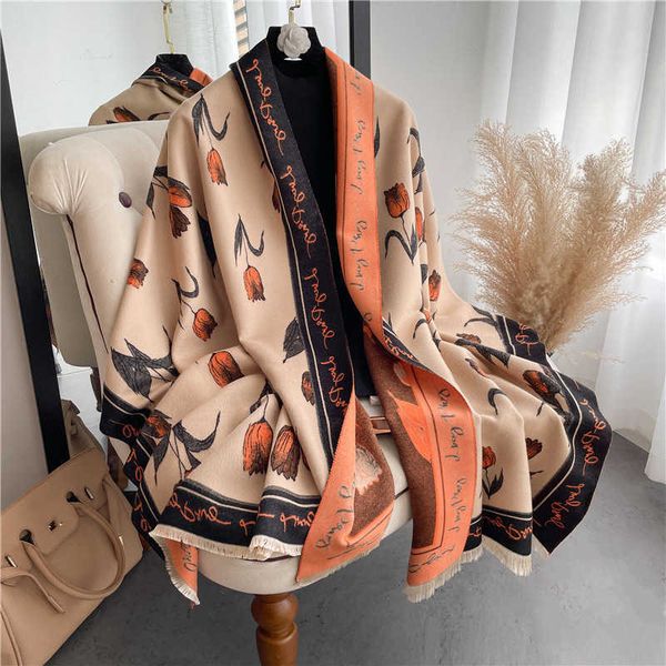 

scarves wraps tulip flower scarf women's imitation cashmere autumn winter thickened warm dual use long shawl, Red;brown