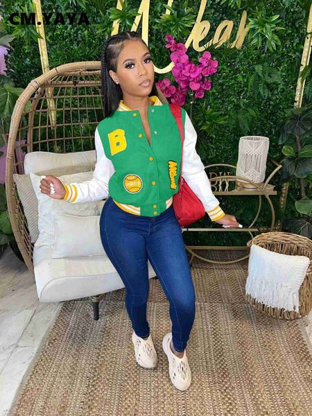 

women's jackets cm.yaya women fashion baseball style letter b embrodiery patchwork button front jacket autumn winter casual sweatshirt, Black;brown
