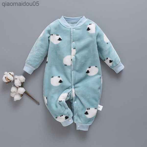 

autumn winter newborn baby clothes dinosaur print baby boy romper warm infant baby boy girl soft fleece jumpsuit pajamas, Blue