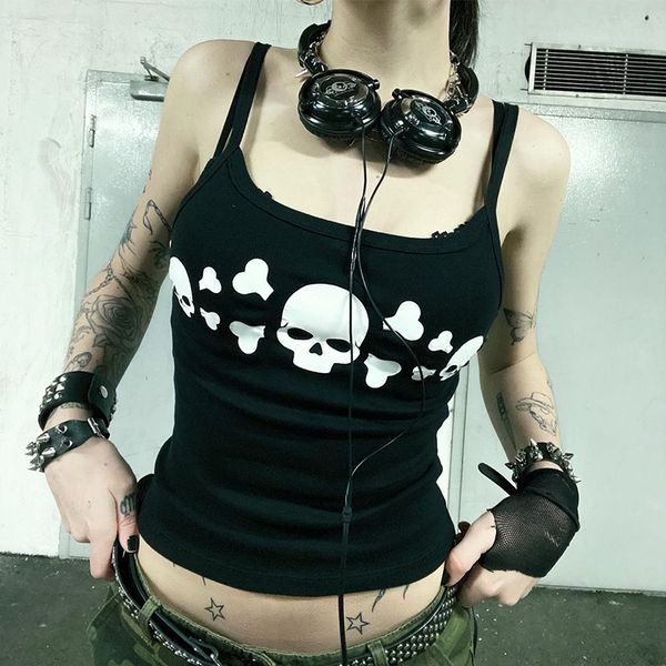 

women's tanks camis gothic emo girl camisole skull graphic print grunge crop y2k clothes vintage punk corset tank baby tee 230724, White