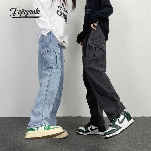 

men's jeans fojaganto men jean pants japanese retro washed straight wideleg loose big pocket couple hip hop street denim male 230724, Blue