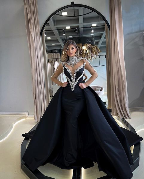

modern mermaid prom dresses long sleeves v neck halter appliques sequins beaded floor length diamonds lace evening dress detachable train pl, Black