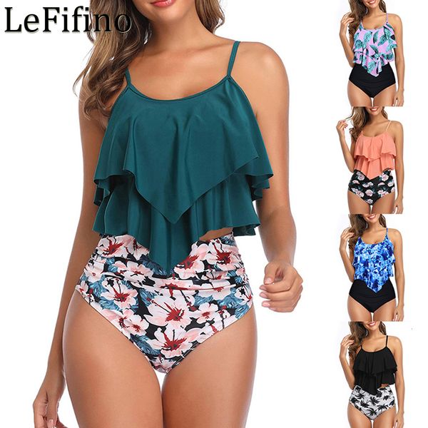 

women's swimwear summer fashion ruffled solid color leopard printing split body set spring vacation bikini suit 230724, White;black