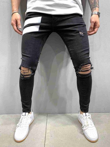 

men's men skinny denim biker side striped jeans ripped pencil pants destroyed hole hip hop slim fit man scratched jean hombre pantalon, Blue