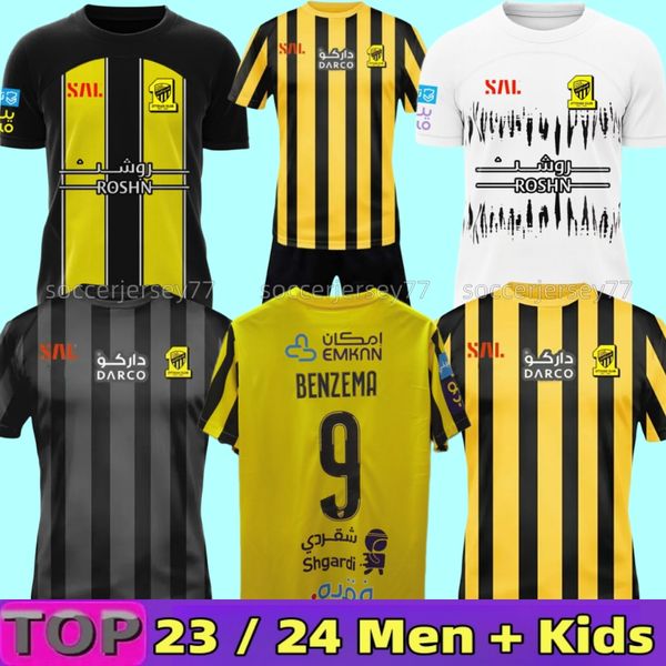 

23 24 al ittihad fc benzema kante jota club soccer jerseys men set kids kit fans version 22 2023 2024 hamdallah romarinho al-ittihad home aw, Black;yellow