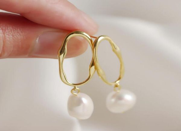 

gold plate s925 sterling silver baroque freshwater pearl drop earrings women jewelry ins style drop 9585503, Golden;silver