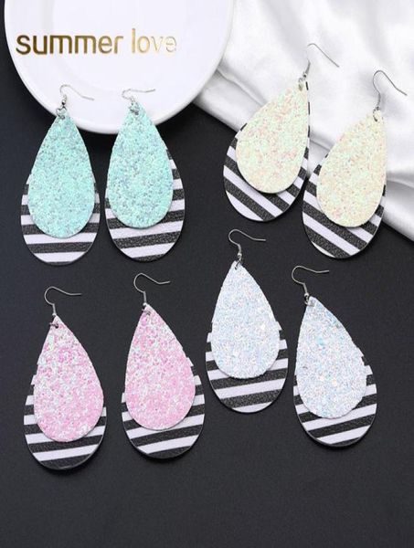 

colorful classic glitter waterdrop pu leather earring for women personalized double layer design jewelry statement dangle earrings4853321, Silver