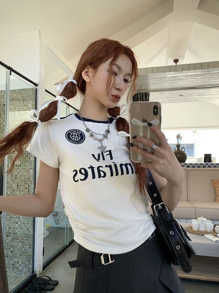 

women's t-shirt houzhou kpop y2k white tshirts women crop hippie harajuku vintage streetwear letter drawstring short sleeve tee female