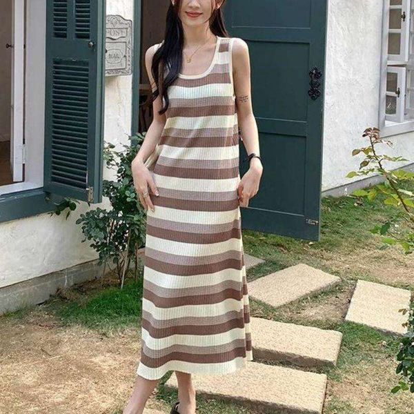 

striped knitted vest dress womens summer korean version style slimmer medium length sleeveless, Black;gray