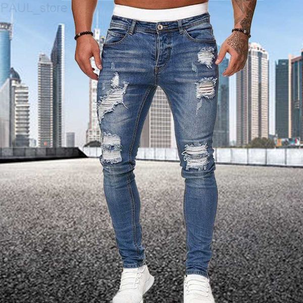 

men's mens jeans fashion street style ripped skinny men vintage wash solid denim trouser casual slim fit pencil denim pants 230327 l230, Blue