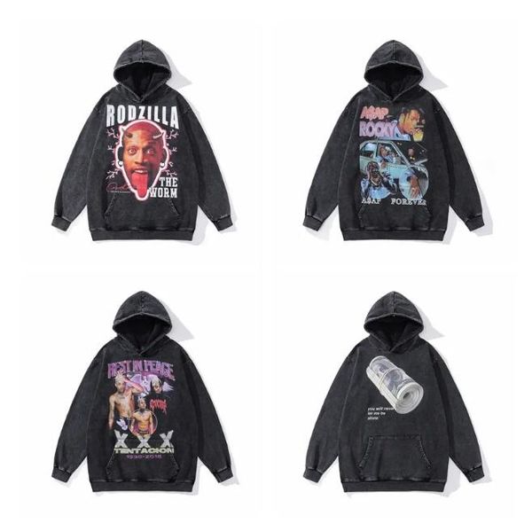 

streetwear oversized loose vintage washing graphic hooded hoodies sweatshirt for men, Black;brown