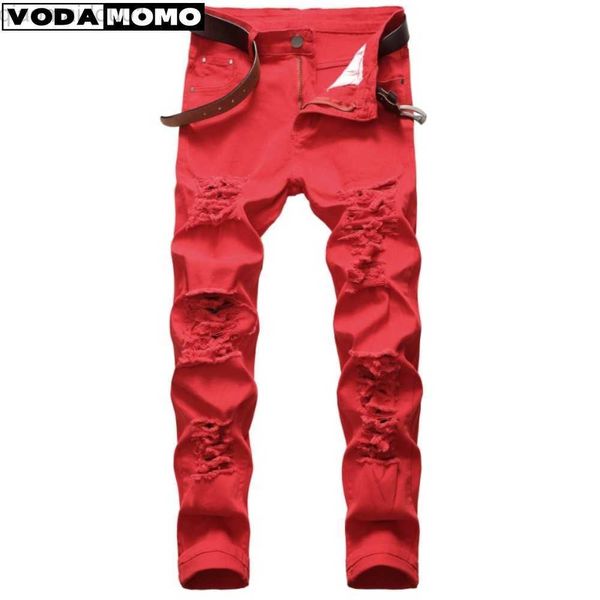 

men's jeans 2023 men's ripped casual jeans fake double trousers small feet fit hole pencil pants biker trousers streetwear y2k l23, Blue