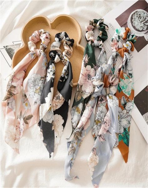 

vintage floral print bow satin long ribbon ponytail hair tie scrunchies women girls elastic hair bands hair accessories2106721, Golden;silver