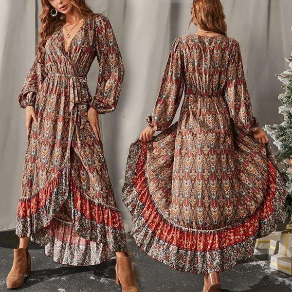 

womens clothing autumn long sleeve bohemian print dress, Black;gray