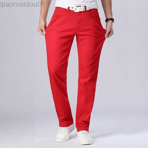 

men's jeans 2023 new autumn men's red jeans classic style straight elasticity cotton denim pants male brand white trousers l230724, Blue