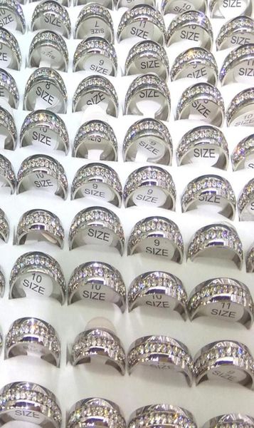 

50pcs silver color stainless steel band rings 6mm width clear rhinestone surrounding mixed size1418101