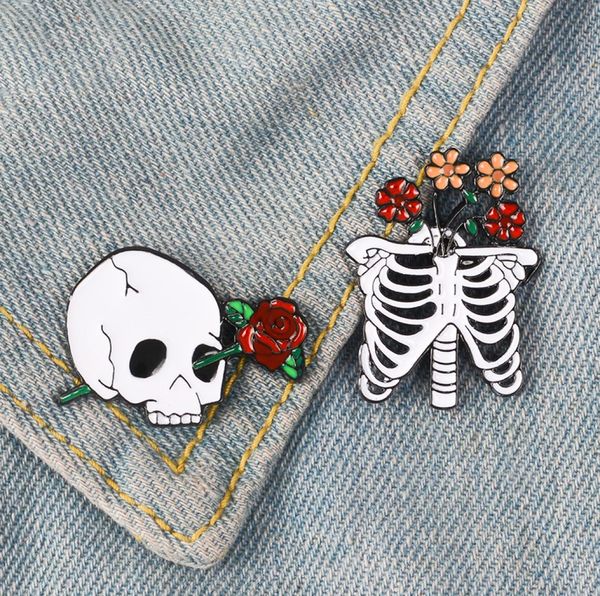 

skeleton with flowers enamel pins rib cage and skull with flowers brooch halloween pin badge goth punk jewelry gift for friends6295437, Gray