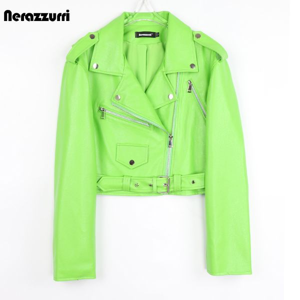 

women's jackets nerazzurri spring autumn short green pink stylish faux leather biker jacket women zipper long sleeve fashion 5xl 6xl 7x, Black;brown