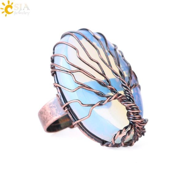 

csja antique copper rings for women vintage finger jewelry egg shape natural stone bead wire wrapped tree of life adjustable party3517592, Golden;silver