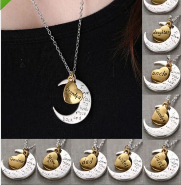 

100pcslot antique silver family i love you to the moon and back mom dad sister brother daughter son heart necklace3997789