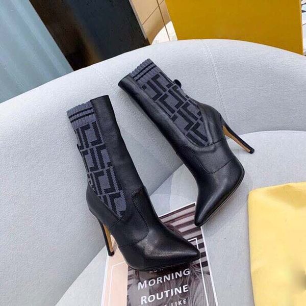 

designer boots letter knitted mid sleeve short boots spring and autumn fine heel high heel cowhide boots pointed head slim leg elastic boots, Black