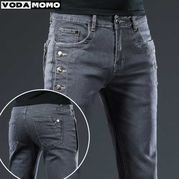 

men's jeans button side men jeans slim skinny classic casual all-match dark grey office casual male stretch denim pants brand clothing, Blue