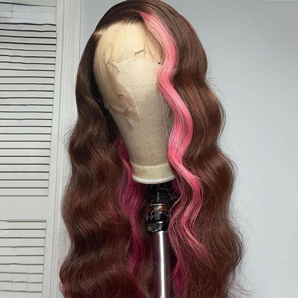 

Inches 36 Brown Pink Lace Front Wig Highlight Simulation Human Hair Wigs For Women Colored Brazilian Body Wave HD Lace Frontal Wig, Customize