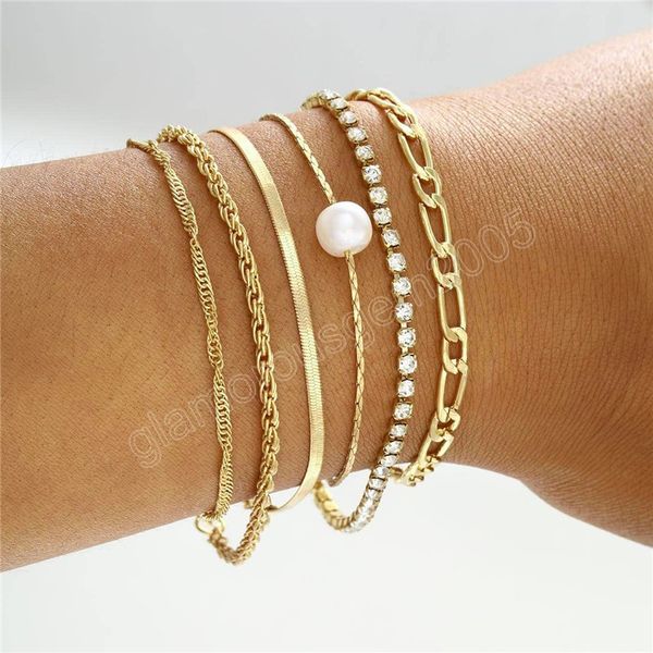 

6 pcs/set gold color snake link chain bracelets set for women punk vintage crystal bracelet fashion female jewelry gifts, Golden;silver