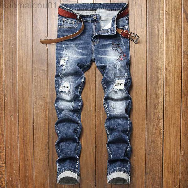 

men's jeans fashion high street men's jeans stretchy slim ripped hole personality motorcycle male clothing embroidery denim trouse, Blue