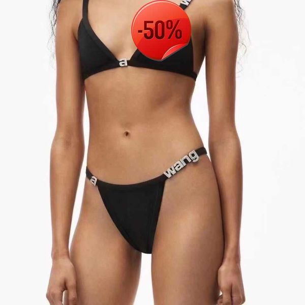 

ladies letter wang bikini set fashion women's swimsuit simple strap biquini casual thin slim beachwear with waists chains, White;black