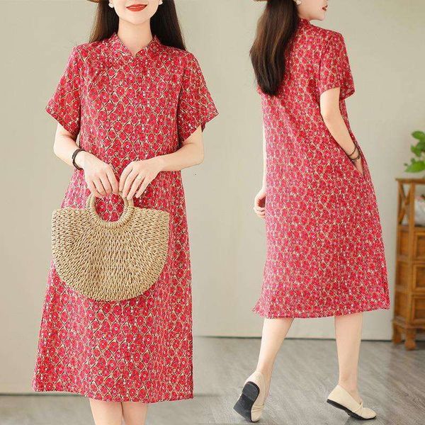 

summer chinese style improved holiday travel cheongsam retro red short sleeved hemp dress for women, Black;gray