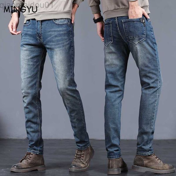 

men's jeans 2023 brand clothing biker jeans men streetwear long slim denim pant skinny mid waist slight elastic cotton trousers male 27, Blue