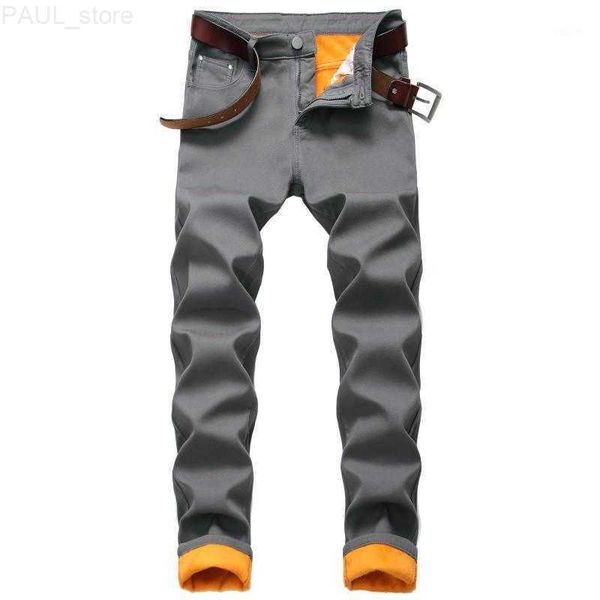 

men's jeans mens winter thermal warm plus fleece quality denim pants straight flocking slim fit trousers para hombre 42 l230724, Blue