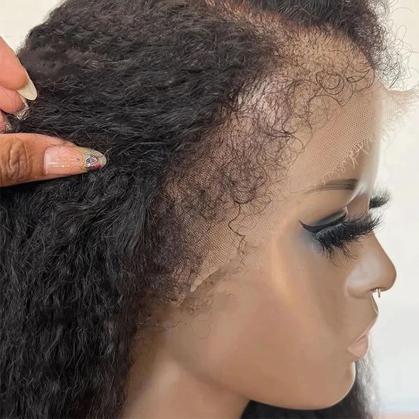 

yaki kinky edges curly baby hair human hair wig 360 full natural hd lace frontal wig kinky straight lace front wigs perruqe for black women, Black;brown