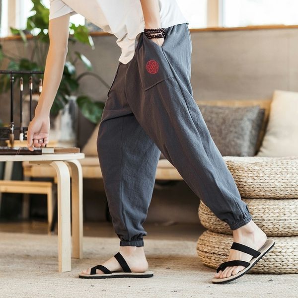 

mens pants streetwear button fly jogging harem cotton linen men sweatpants male vintage trousers 5xl 230724, Black